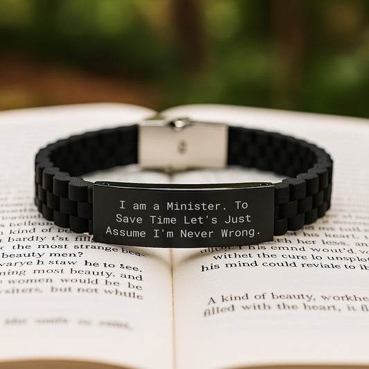 Funny Quote Minister Gifts for Men - Glide lock Clasp Bracelet, Adjustable, Black Stainless Steel, Silicone, Inspirational Minister Humor, Graduation Unique Gifts from Friends - Image 2