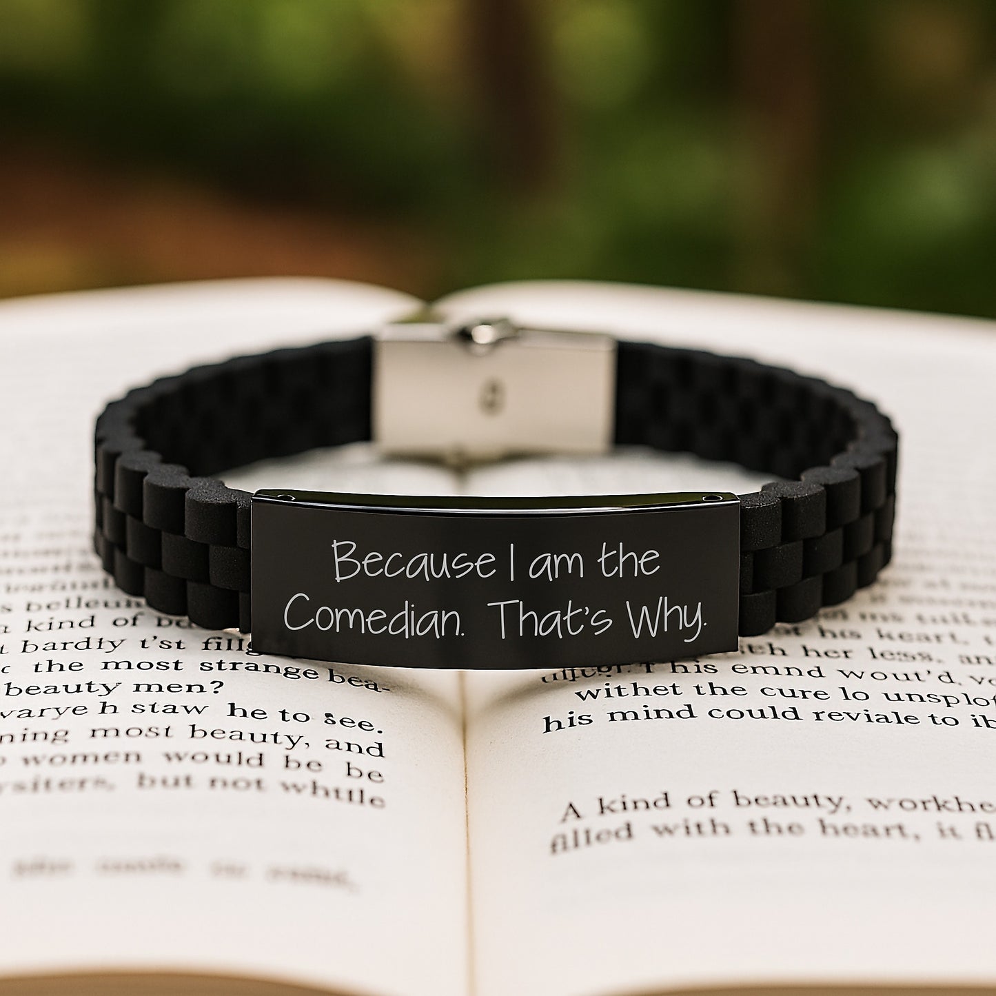 Birthday Unique Gifts from Friends for Comedian Men Funny Quote Glide lock Clasp Bracelet, Because I Am The Comedian. That's Why. Silver Black Stainless Steel Silicone - Image 2