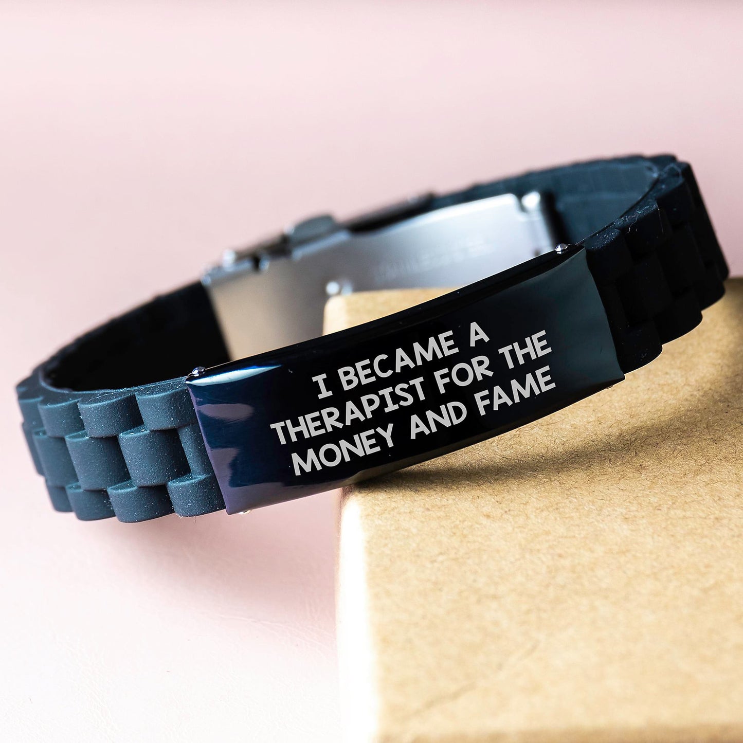 Funny Therapist Gifts from Men, Birthday Unique Gifts for Therapist, Glide lock Clasp Bracelet with Silver Black Stainless Steel and Silicone, 'I Became A Therapist For The Money And Fame' Quote - Image 3