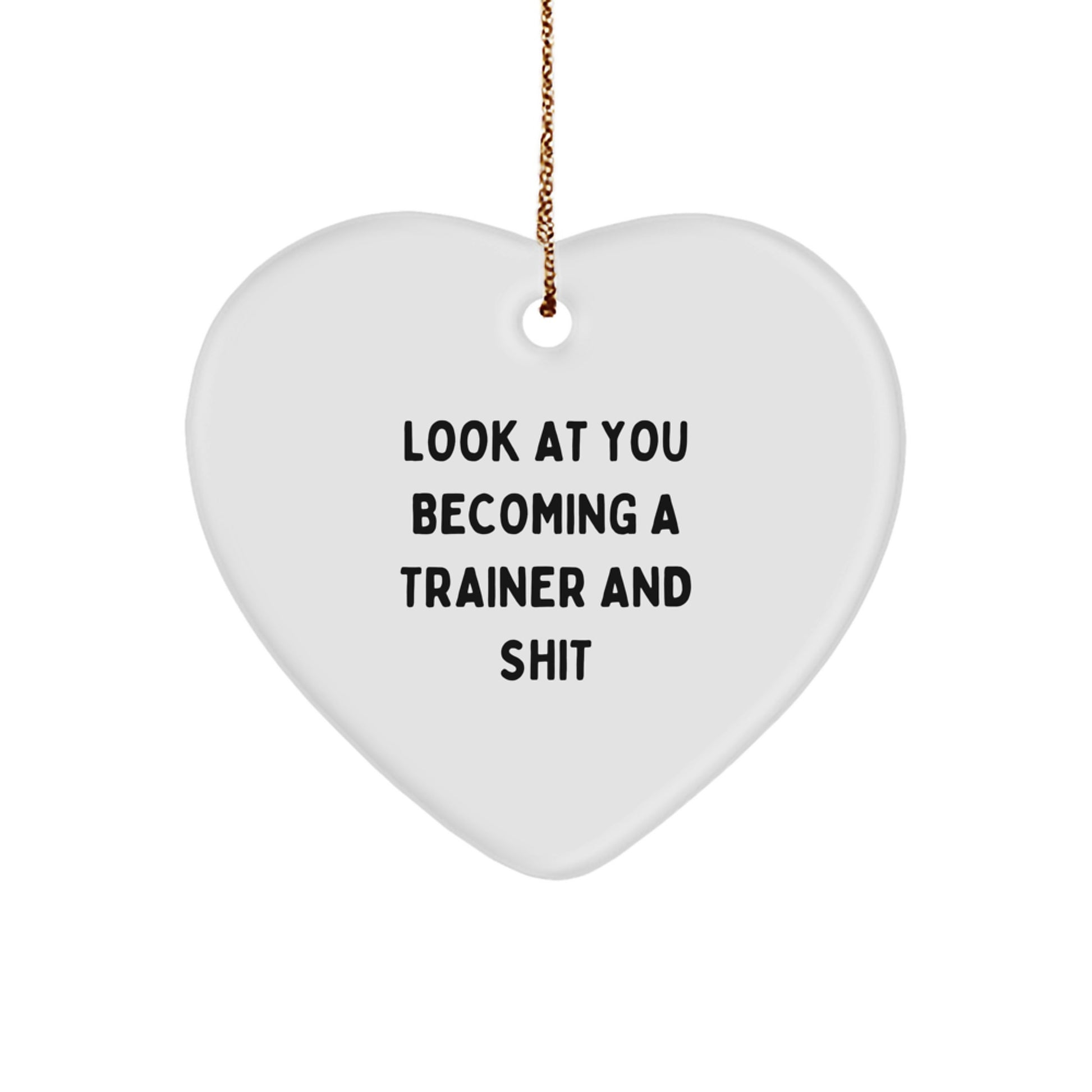 Funny Trainer Gifts from Friends for Christmas Unique Heart Ornament, 'Look At You Becoming A Trainer And Shit' Trainer Inspiration, White Heart Shaped - Image 1