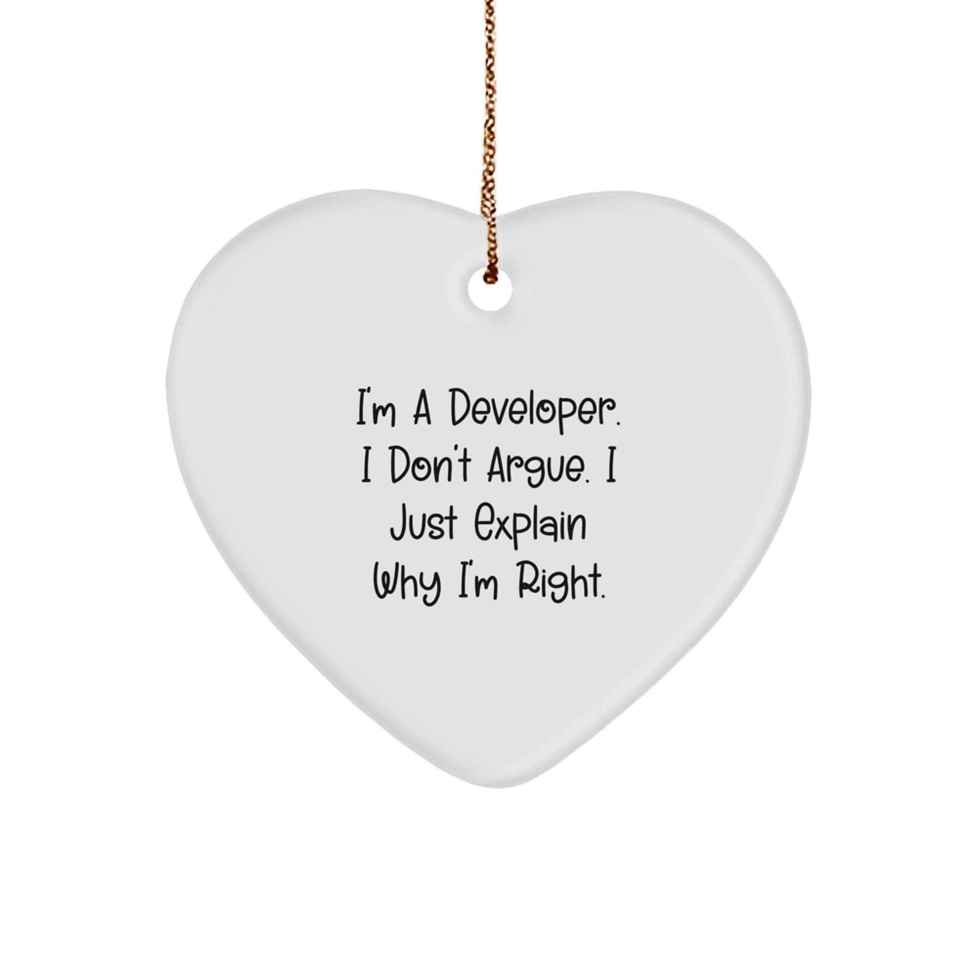 Funny Developer Gifts for Him, Heart Ornament with Inspirational Quote, Christmas Unique Presents from Friends and Family to Coworkers, 'I'm A Developer. I Don't Argue. I Just Explain Why I'm Right.' - Image 1