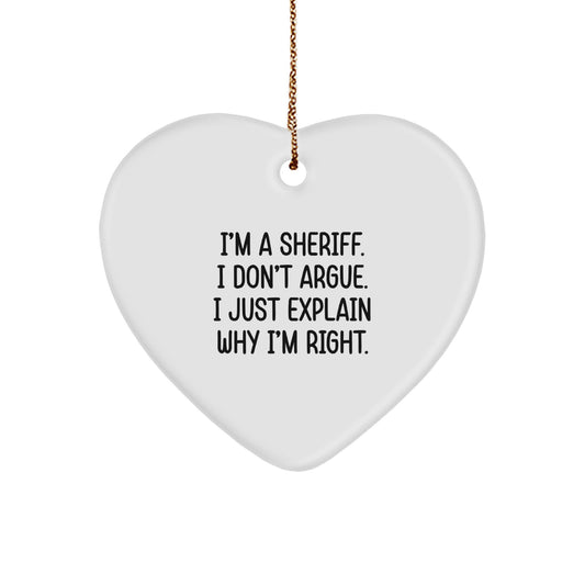 Funny Sheriff Gifts for Men Christmas Unique Ornaments Heart Shape MDF with Gold Cord - Image 1