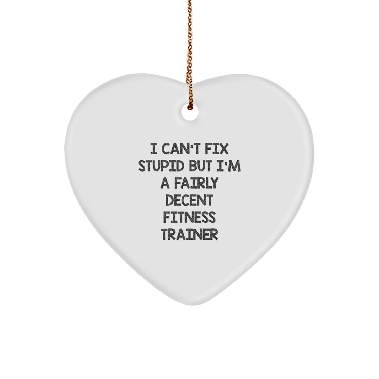 Funny Fitness Trainer Gifts from Friends for Men - Heart Ornament with I Can't Fix Stupid But I'm A Fairly Decent Fitness Trainer Quote, Christmas Unique Gifts - Image 1