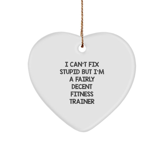 Funny Fitness Trainer Gifts from Friends for Men - Heart Ornament with I Can't Fix Stupid But I'm A Fairly Decent Fitness Trainer Quote, Christmas Unique Gifts - Image 1