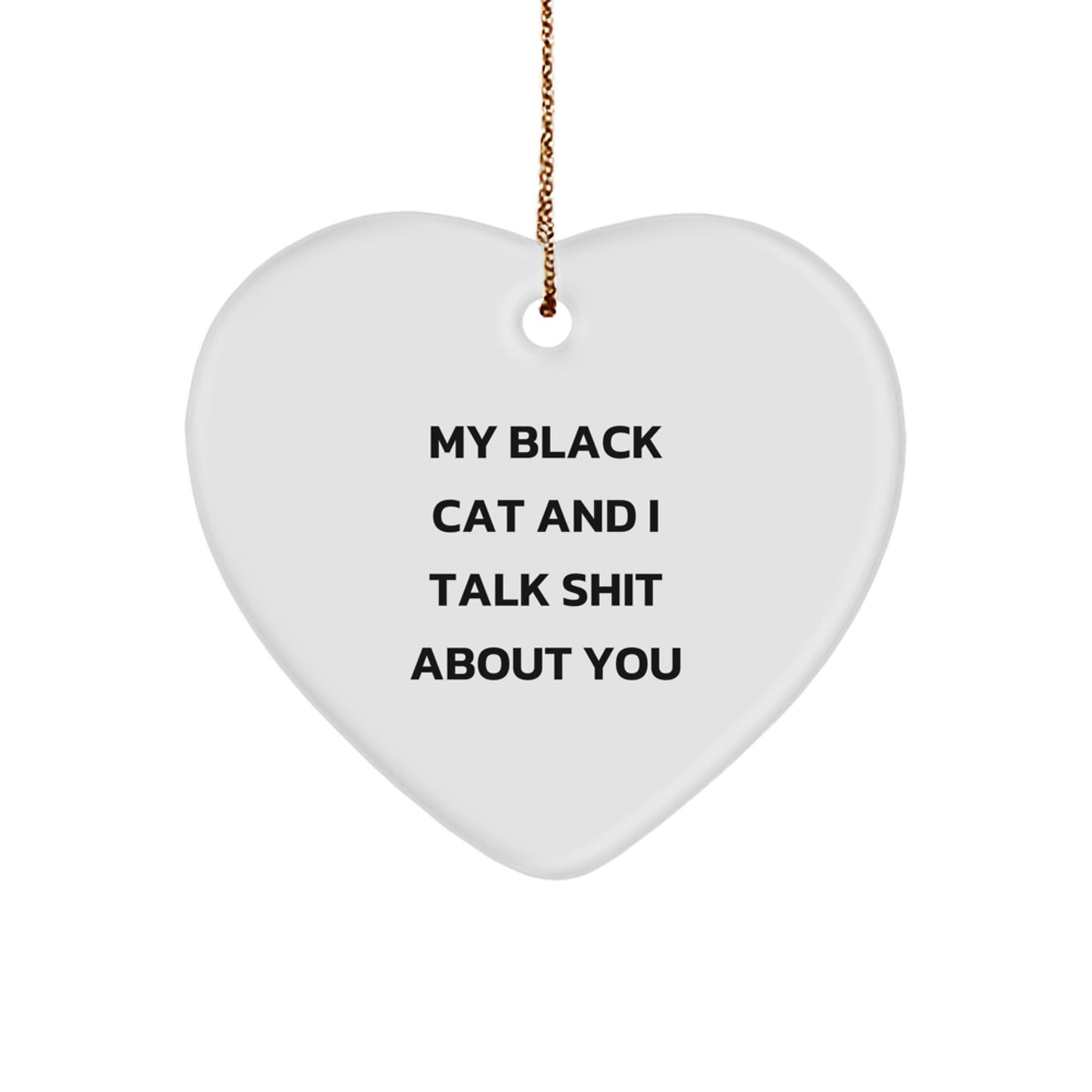 Unique Black Cat Gifts for Friends, Funny Black Cat Heart Ornament with Gold Cord, Christmas Unique Gifts from Men to Women - Image 1