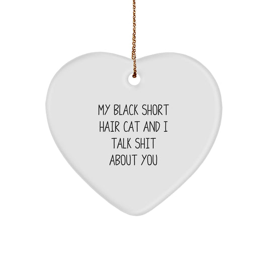 Funny Gifts from Friends for Black Short Hair Cat Lovers - Heart Ornament with 'My Black Short Hair Cat And I Talk Shit About You' - Image 1