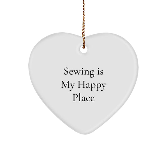 Sewing Gifts for Friends, Fun Heart Ornament, 'Sewing Is My Happy Place' Christmas Decor - Image 1