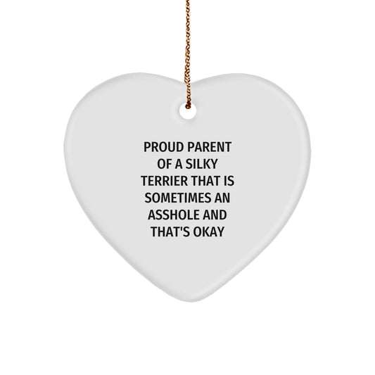 Funny Silky Terrier Dog Gifts for Christmas, Heart Ornament with Proud Parent Quote, Gifts from Friends and Family - Image 1