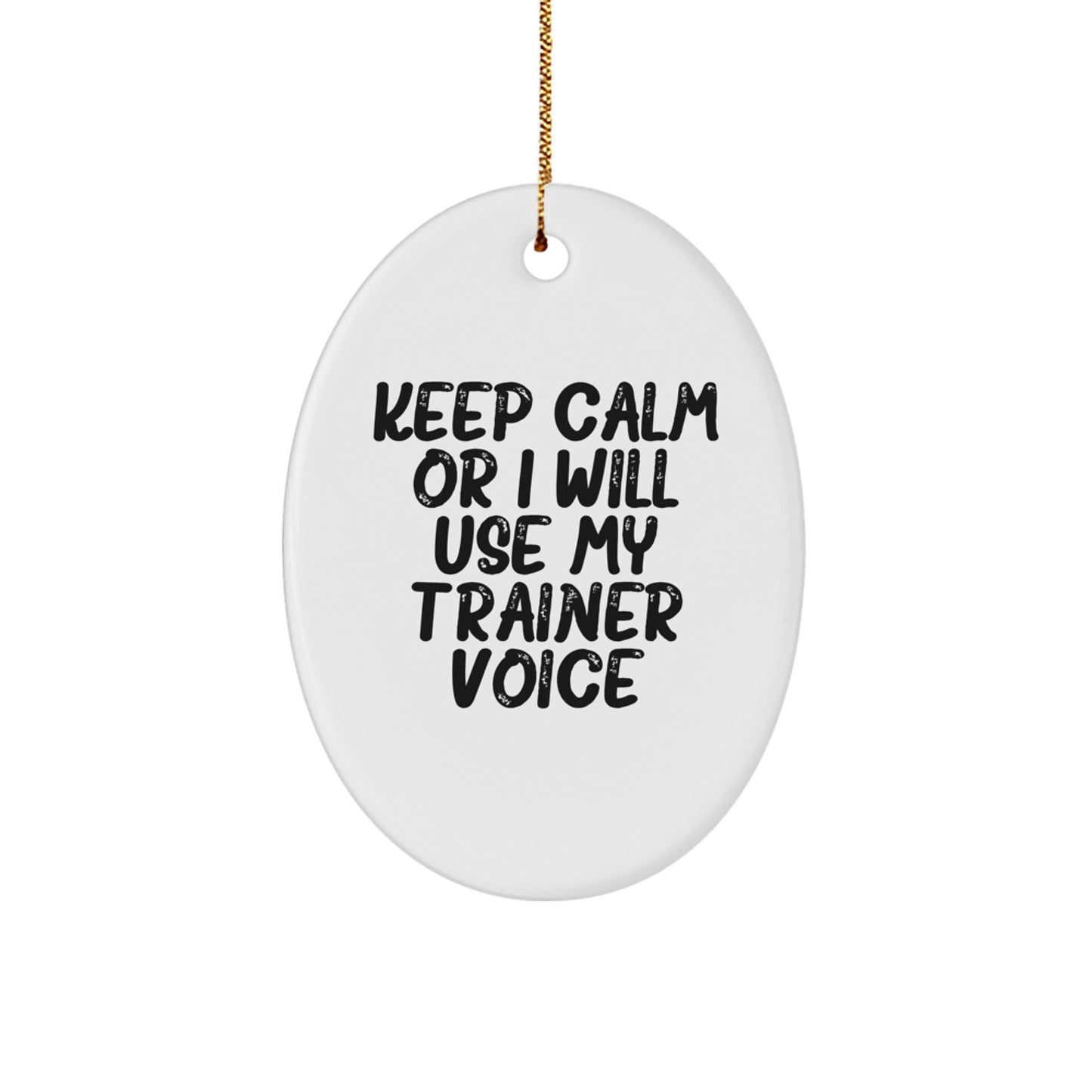 Funny Trainer Gifts for Christmas Oval Ornament - 'Keep Calm Or I Will Use My Trainer Voice' - Oval Shaped MDF with High Gloss Finish - Perfect for Friends Family Coworkers - Image 1