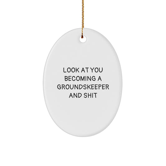 Funny groundskeeper Gifts for Men, Oval Ornament Look At You Becoming A 'groundskeeper And Shit', Christmas Unique Presents - Image 1