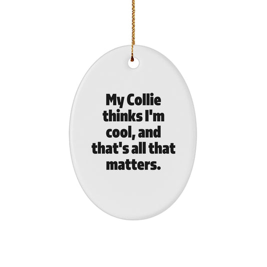 Funny Collie Dog Collie Lover Gifts from Men to Family Members for Christmas Decorations Oval Ornament, 'My Collie Thinks I'm Cool, And That's All That Matters.' - Image 1