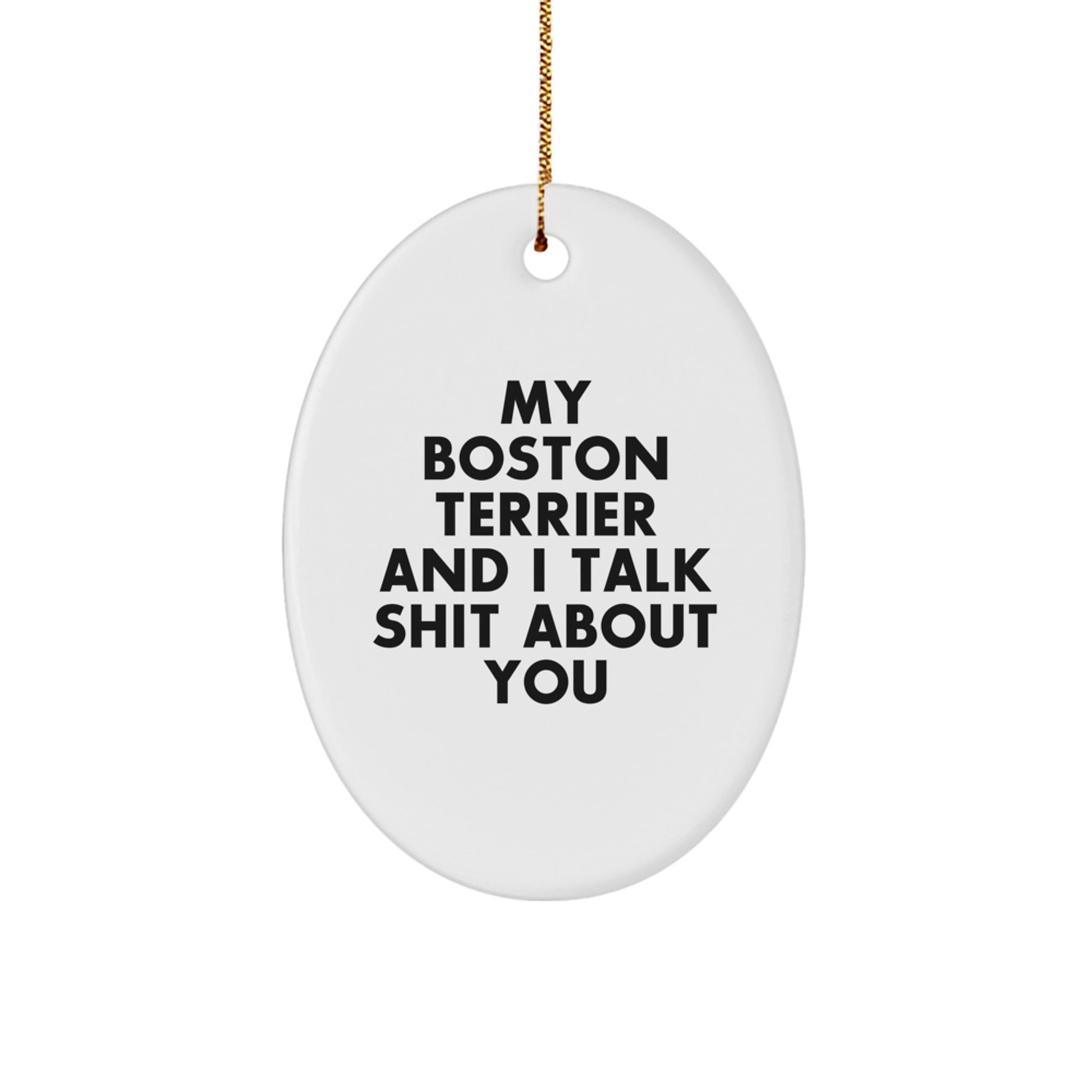Funny Boston Terrier Dog Lover Gifts from Friends for Boston Terrier Dog Owners Christmas Unique Ornament, Oval Shape, White Color, My Boston Terrier And I Talk Shit About You - Image 1
