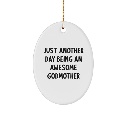 Christmas Gift for Her Oval Godmother Ornament Present with Gold Cord - Image 1