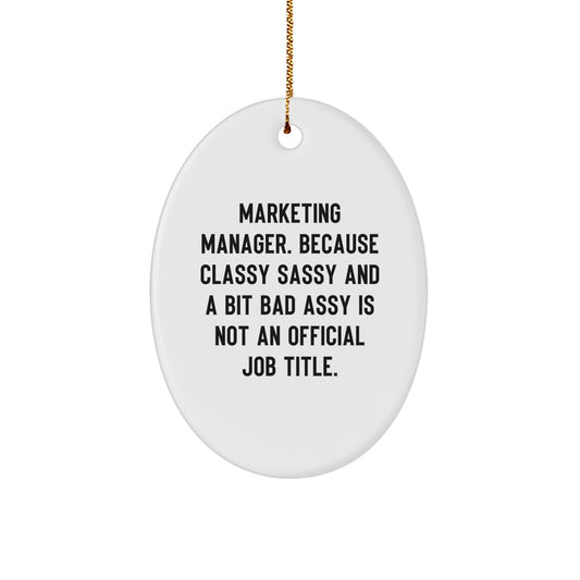 Funny Marketing Manager Gift, Oval Ornament, 'Classy Sassy And A Bit Fearlessy Is Not An Official Job Title' Quote, Gifts from Friends for Marketing Manager Men at Christmas - Image 1