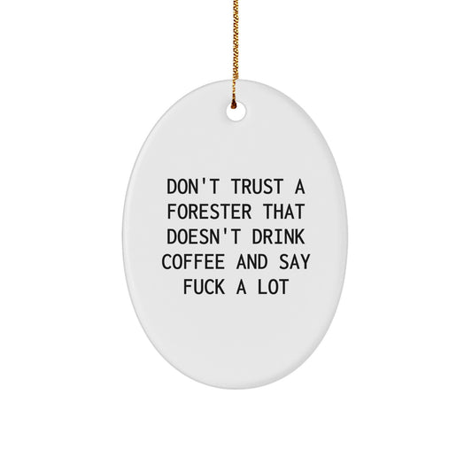Funny Forester Gifts for Men, Christmas Unique Oval Ornament, 'Don't Trust A Forester That Doesn't Drink Coffee And Say F--k A Lot', Gifts from Friends to Forester - Image 1