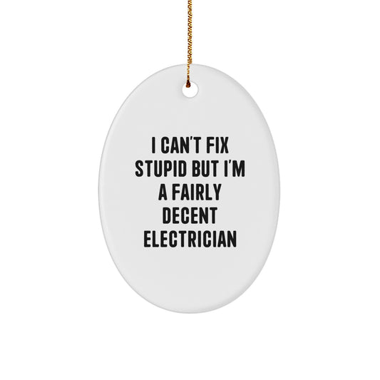Funny Electrician Gifts for Men from Family, I Can't Fix Stupid Oval Ornament, White MDF Christmas Decorations - Image 1