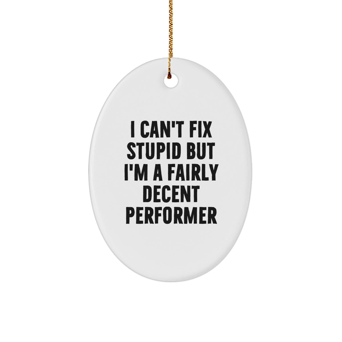 Funny Performer Oval Ornament, Christmas Unique Gifts from Friends, Unique Decorations for Men, Women, or Family Members, 'I Can't Fix Stupid But I'm A Fairly Decent Performer' Quote Gifts - Image 1