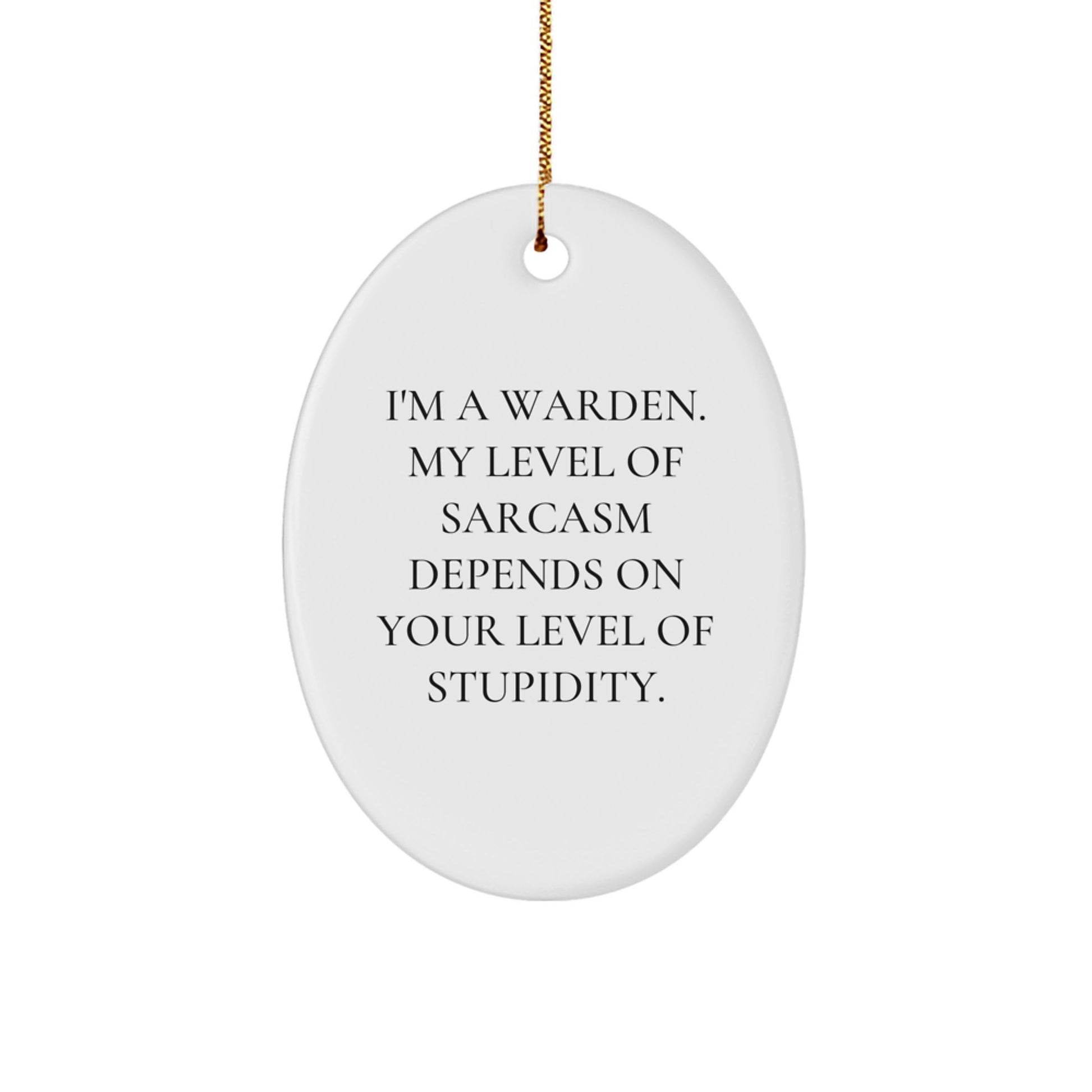 Funny Warden Gifts for Men, Oval Ornament for Christmas Unique Gifts from Friends and Family, 'I'm A Warden. My Level Of Sarcasm Depends On Your Level Of Stupidity.' - Image 1