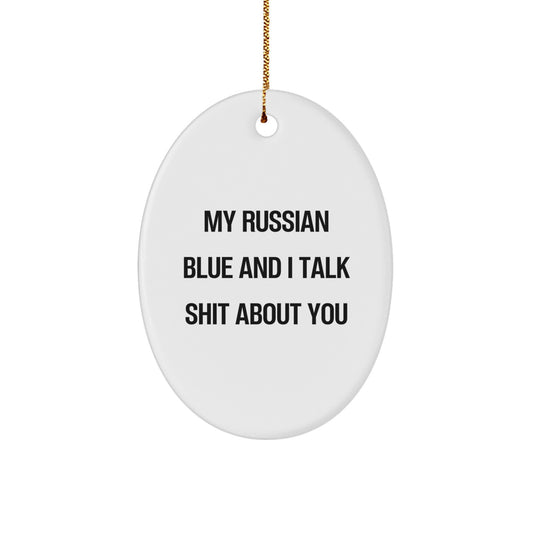 Funny Russian Blue Cat Oval Christmas Ornament Gift for Friends - Image 1