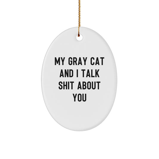 Funny Gray Cat Oval Ornament Gifts from Men to Family with 'My Gray Cat And I Talk Shit About You' Quote, Christmas Unique Gifts for Home Decor - Image 1