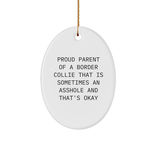 Funny Border Collie Dog Gifts from Men to Family for Christmas Unique Gifts, 'Proud Parent Of A Border Collie That Is Sometimes An Asshole And That's Okay', Oval Ornament - Image 1