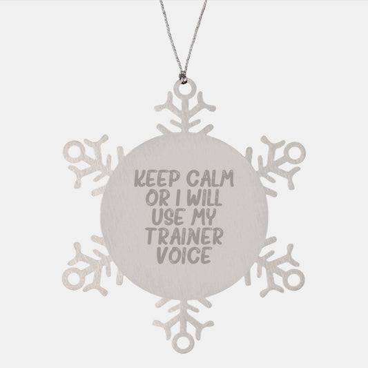 Funny Trainer Voice Christmas Unique Gifts for Men from Friends, Snowflake Ornament, Stainless Steel, Keepsake, Keeps Calm 'Or I Will Use My Trainer Voice' - Image 1