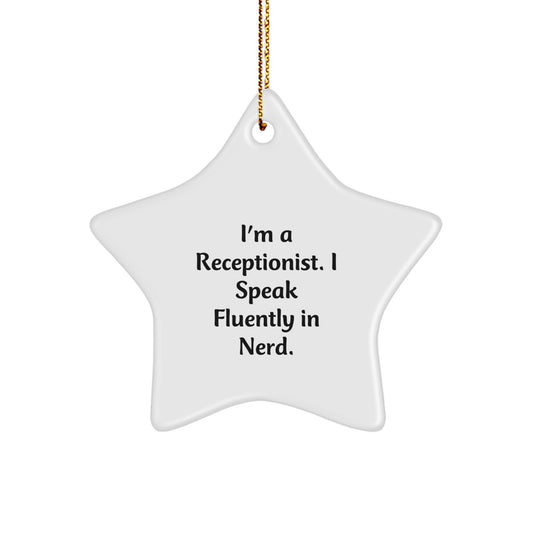 Funny Quotes Gifts from Men for Receptionist Christmas Unique Star Ornament, 'I Speak Fluently In genius' White Star Shaped Office Decor, Durable MDF with High Gloss Finish - Image 1