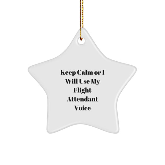 Funny Flight Attendant Gifts for Women, 'Keep Calm Or I Will Use My Flight Attendant Voice' Star Ornament - Christmas Unique Gifts from Wife to Flight Attendant - Image 1