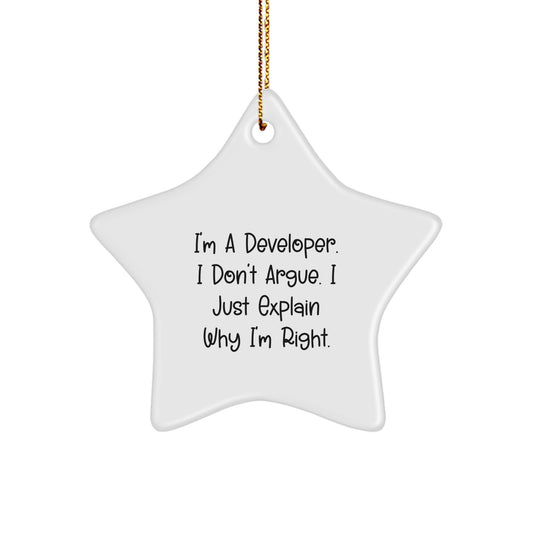Funny Developer Gifts from Friends Christmas Star Ornament for Men Women Coworkers Family Quotes I'm A Developer I Don't Argue I Just Explain Why I'm Right. - Image 1