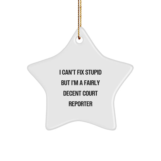 Funny Court Reporter Gifts for Men or Women, Christmas Unique Star Ornament, 'I Can't Fix Stupid But I'm A Fairly Decent Court Reporter' Quote from Friends, Gifts from Family or Coworkers - Image 1