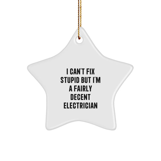 Funny Electrician Gifts from Men for Friends, I Can't Fix Stupid But I'm A Fairly Decent Electrician Star Ornament, Christmas Unique Presents for Electrical Professionals - Image 1