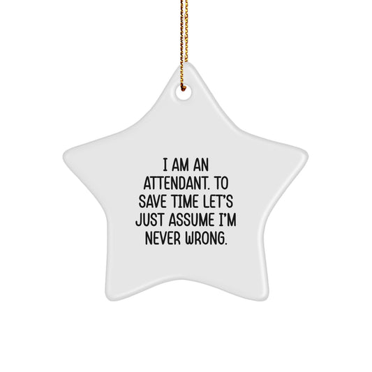 Funny Attendant Gifts from Friends, Christmas Unique Star Ornaments for Attendant, 'I Am An Attendant. To Save Time Let's Just Assume I'm Never Wrong.' Star Shaped Decor - Image 1