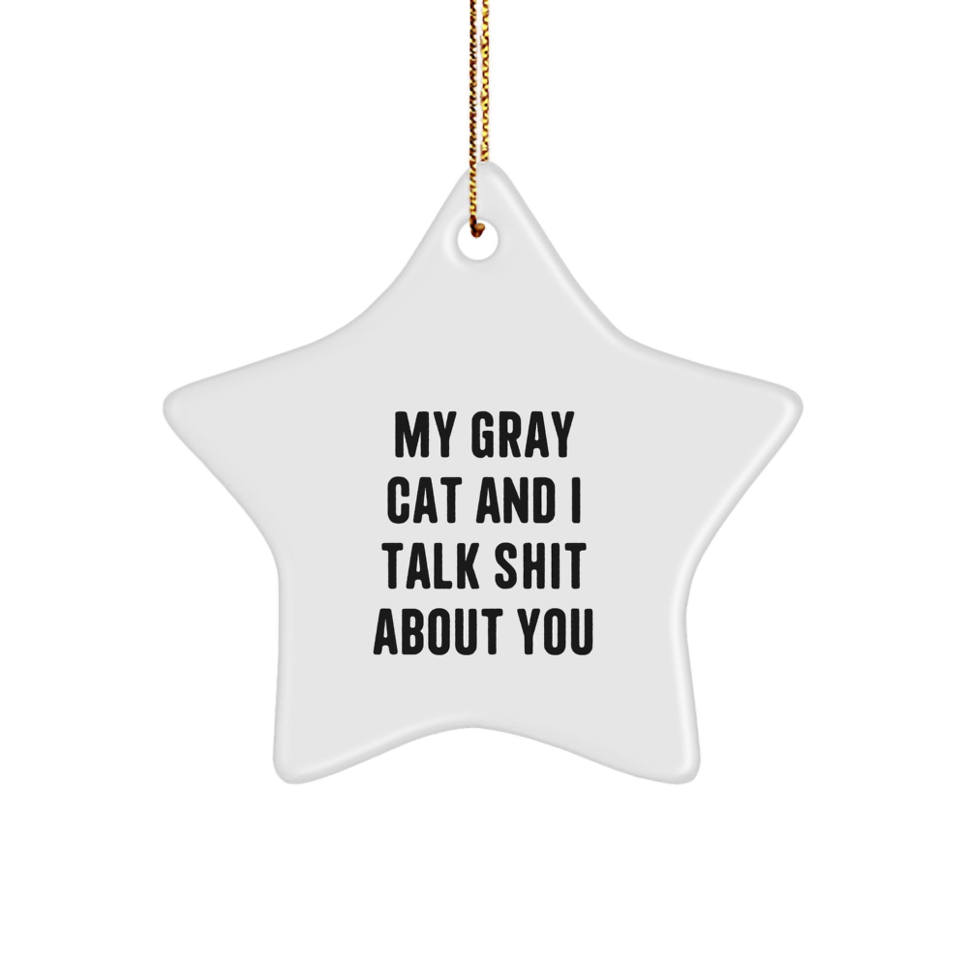 Funny Gray Cat Gifts from Friends for Christmas Unique Star Ornament, 'My Gray Cat And I Talk Shit About You' Quote, White Star Shaped Decoration - Image 1